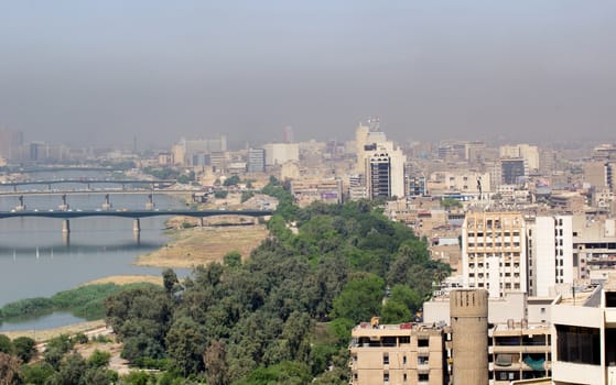 IRAQ, Baghdad: Aerial stock shots of the city of Baghdad, showing two of the main mosques, residential complexes and the Tigris River and bridges, photographed by Rasoul Ali on September 21, 2015. 