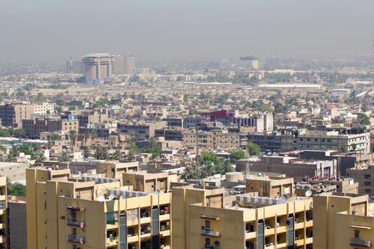 IRAQ, Baghdad: Aerial stock shots of the city of Baghdad, showing two of the main mosques, residential complexes and the Tigris River and bridges, photographed by Rasoul Ali on September 21, 2015. 