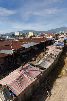 roof of poor houses with sheet tin by the river, Kota Manado, North Sulawesi, Indonesia