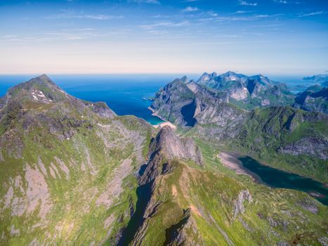 Aerial view of sharp peaks on Lofoten islands in Norway, famous tourist destination