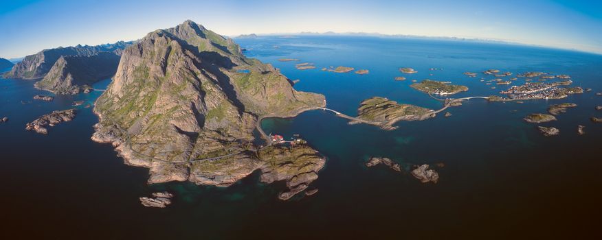 Breathtaking aerial view of fishing town Henningsvaer on Lofoten islands, Norway