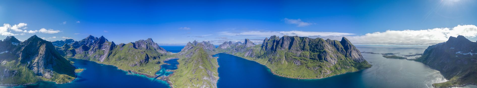 Scenic panorama of beautiful fjords on Lofoten islands in Norway