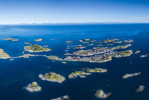 Beautiful aerial panorama of Henningsvaer, scenic fishing village on Lofoten islands, Norway