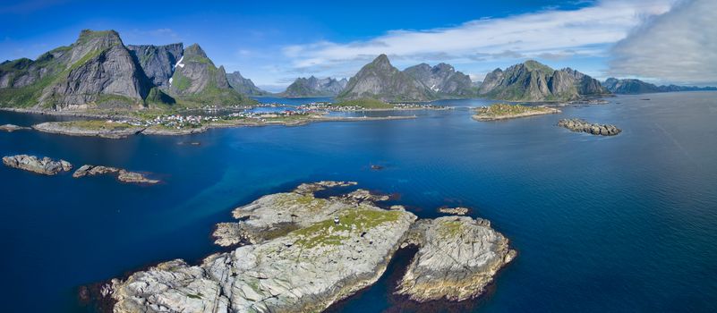 Aerial panorama of picturesque fishing village Reine on Lofoten islands, Norway