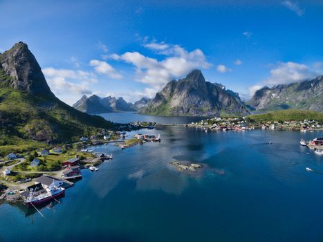 Scenic aerial view of fishing town Reine on Lofoten islands in Norway