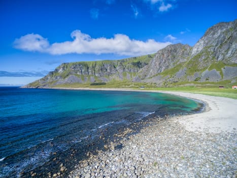 Beach in Unstad on Lofoten islands in Norway, scenic aerial view