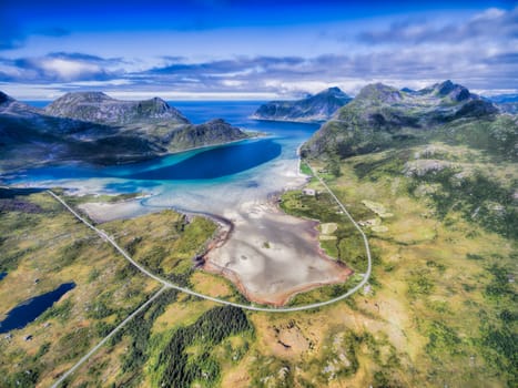 Aerial view of scenic road around fjord on Lofoten islands in Norway