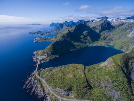 Scenic road on Lofoten islands in Norway, aerial view