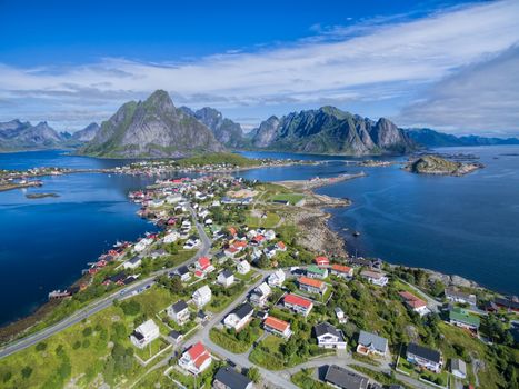 Picturesque fishing town Reine on Lofoten islands in Norway seen from air