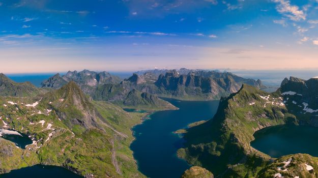 Scenic aerial panorama of amazing Lofoten islands in Norway, famous for its fjords, dramatic peaks and natural beauty