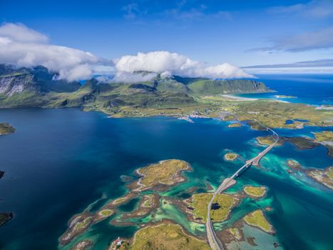 Aerial view of bridges on Lofoten islands in Norway