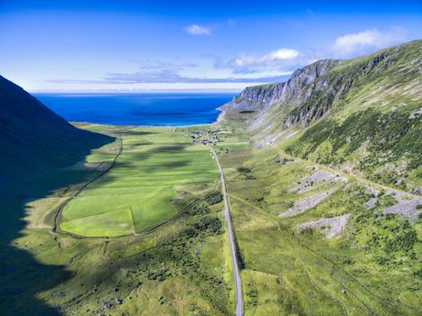 Village Unstad on Lofoten islands and road leading to it