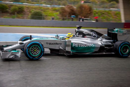 JEREZ DE LA FRONTERA, SPAIN - JAN 31: Nico Rosberg of Mercedes AMG Petronas F1 leaving the pit on training session on January 31 , 2014, in Jerez de la Frontera , Spain