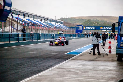 JEREZ DE LA FRONTERA, SPAIN - JAN 31: Daniel Ricciardo of Infinity Red Bull Racing F1 leaving the pit on training session on January 31 , 2014, in Jerez de la Frontera , Spain
