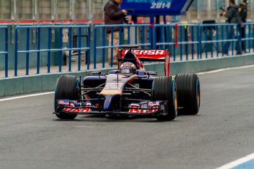 JEREZ DE LA FRONTERA, SPAIN - JAN 31: Daniil Kvyat of Scuderia Toro Rosso F1 leaving the pit on training session on January 31 , 2014, in Jerez de la Frontera , Spain