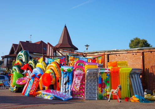 SIANOZETY, POLAND - JULY 18, 2015: Beach toys for sale in front of a store