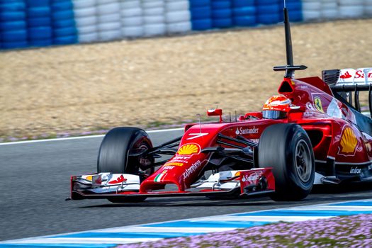 JEREZ DE LA FRONTERA, SPAIN - JAN 28: Kimi Raikkonen of Scuderia Ferrari F1 races on training session on January 28 , 2014, in Jerez de la Frontera , Spain