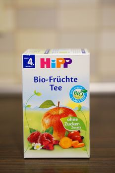 POZNAN, POLAND - SEPTEMBER 24, 2015: Hipp fruit tea for babies in a box