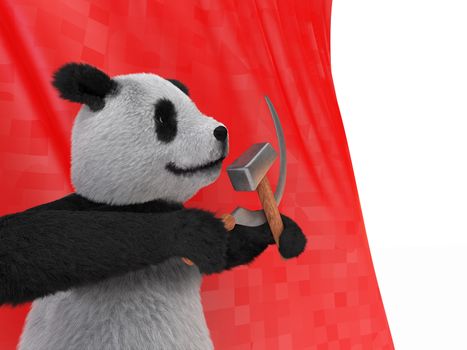 the inspired personage type of black-and-white Chinese panda, also referred to as bamboo bear holding in its paws the symbols of the communist parties of the world the hammer and sickle on red background flag