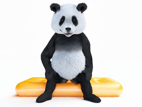 focused character panda sits with his back flat on orange translucent inflatable mattress. mammal animal resting on bed. render illustration of bear about tourism, recreation, leisure and reflection