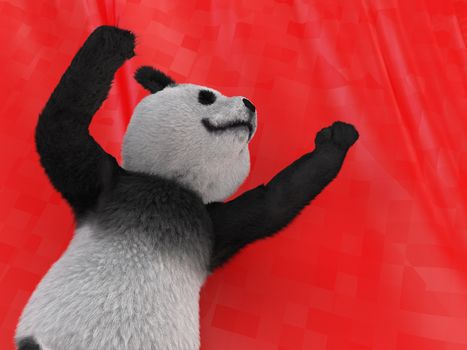 panda pulls paw up, demonstrating leadership and victory on red background waving flag. illustration of achieving the goals, motivations, victory, hope, faith. mammal erectus character