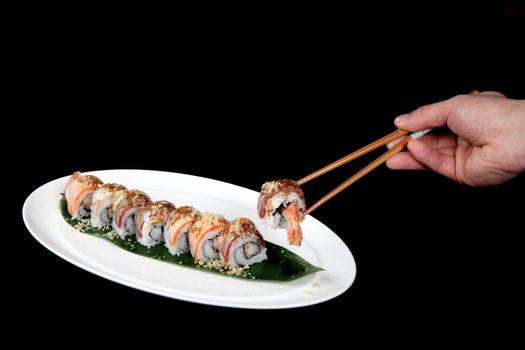 dish of Japanese cuisine meat, rice, fish and vegetables