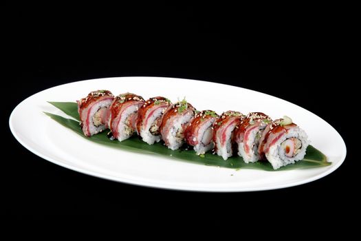 dish of Japanese cuisine meat, rice, fish and vegetables