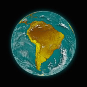 South America on blue planet Earth isolated on black background. Highly detailed planet surface. Elements of this image furnished by NASA.