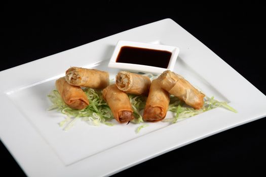 roulade with vegetables and sauce in white plate on a black background