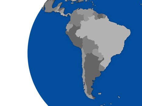 Illustration of south american continent on political globe with white background