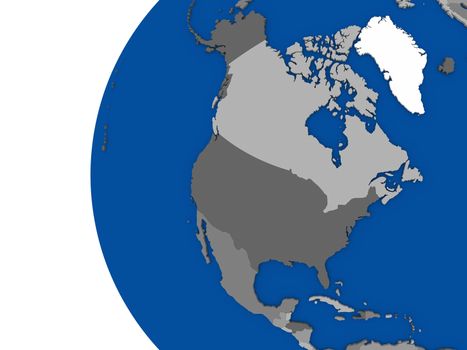 Illustration of north american continent on political globe with white background