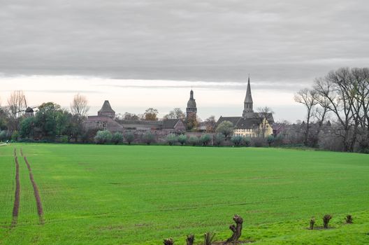 Skyline of the medieval fortress Zons in Germany.
