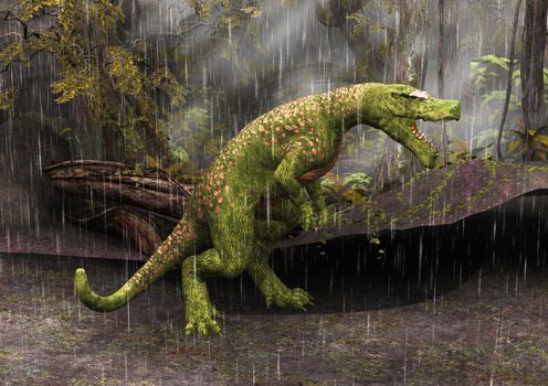 Tyrannosaurus Rex in the rain in a fantasy forest