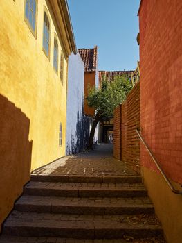 Typical small beutiful street with old traditional Danish style houses Faaborg Denmark