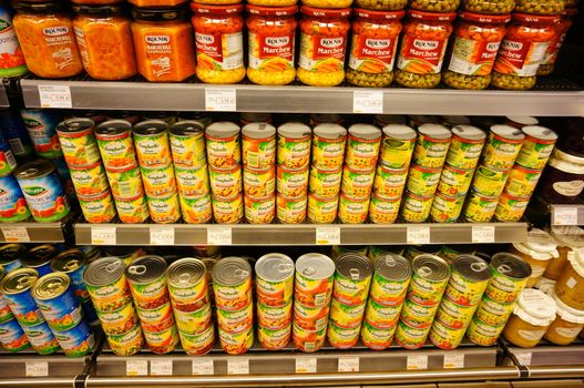 POZNAN, POLAND - JANUARY 27, 2014: Vegetables in cans in a supermarket
