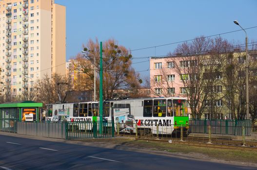POZNAN, POLAND - MARCH 09, 2014: Departing tram at the Zamenhofa street