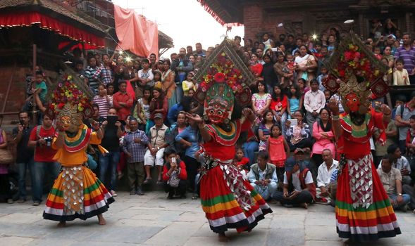 Nepal, Kathmandu: Dancers perform at the Indra Jatra celebration in Kathmandu, Nepal, on September 25, 2015. 