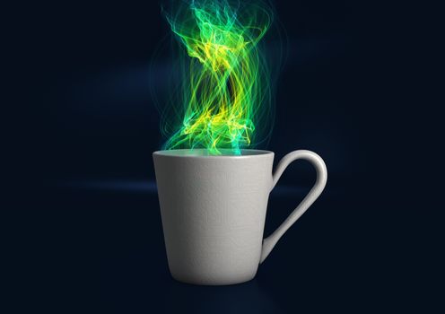 Abstract illustration of a steaming digital coffee cup with a circuit texture on a deep blue background