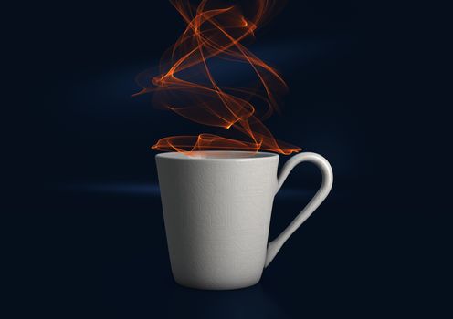 Abstract illustration of a steaming digital coffee cup with a circuit texture on a deep blue background