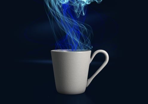 Abstract illustration of a steaming digital coffee cup with a circuit texture on a deep blue background