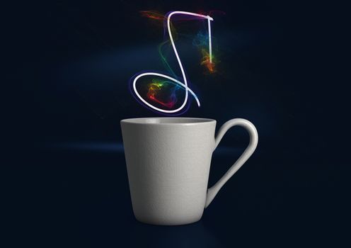 Abstract illustration of a steaming digital coffee cup with a circuit texture on a deep blue background