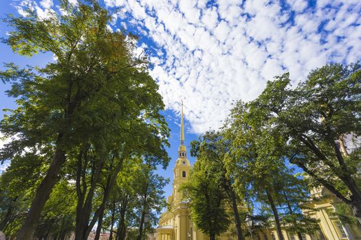 View of the spire of Peter and Paul cathedral in Peter and Paul fortress.St. Petersburg, Russia