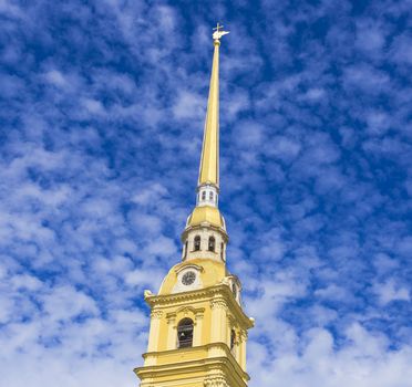View of the spire of Peter and Paul cathedral in Peter and Paul fortress.St. Petersburg, Russia