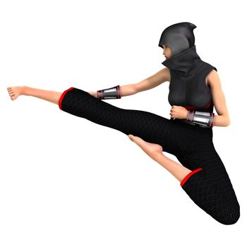 3D digital render of a female ninja fighting isolated on white background