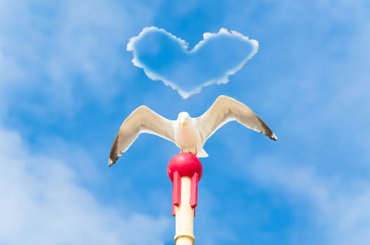 Big seagull sitting on a red painted wooden posts and flaps its wings. In a heart of clouds.