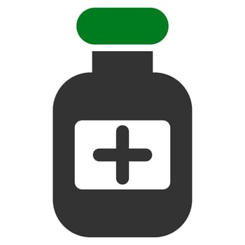 Drugs Bottle glyph icon. Style is bicolor flat symbol, green and gray colors, rounded angles, white background.