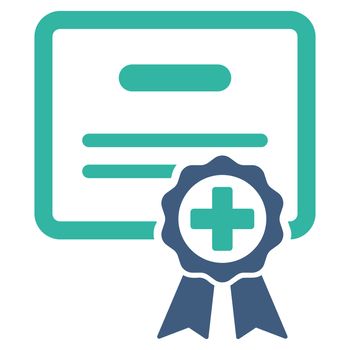 Certification glyph icon. Style is bicolor flat symbol, cobalt and cyan colors, rounded angles, white background.