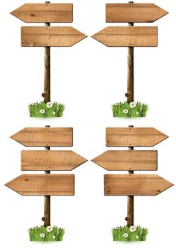 Collection of wooden signs with directional arrow and pole. Isolated on white background with green grass, daisy flowers and a ladybug