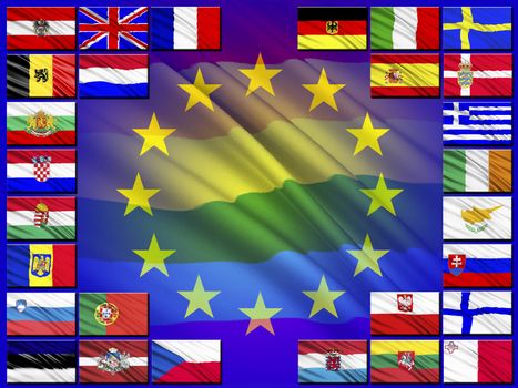 Flags of the countries of the European Union against the background of the flag of the EU