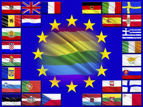 Flags of the countries of the European Union against the background of the flag of the EU